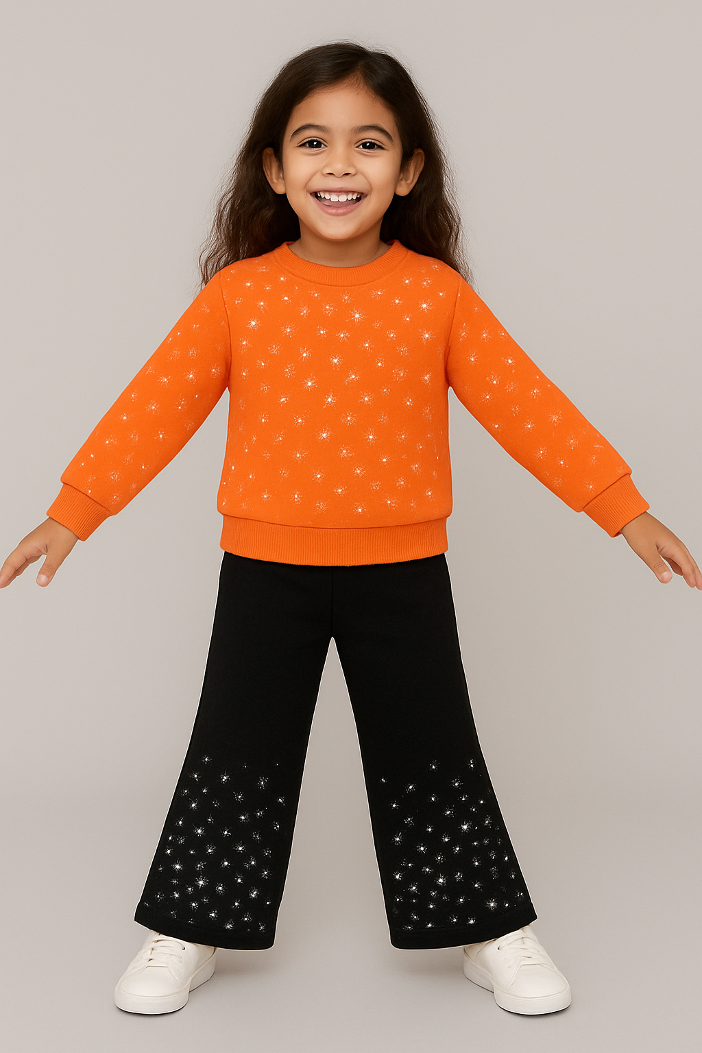 ORANGE SWEATSHIRT WIDE LEG TROUSER FLEECE PAIR (RHINESTONE)