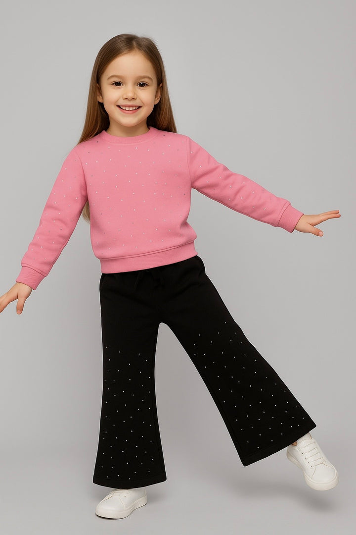 PINK SWEATSHIRT WIDE LEG TROUSER FLEECE PAIR (RHINESTONE)