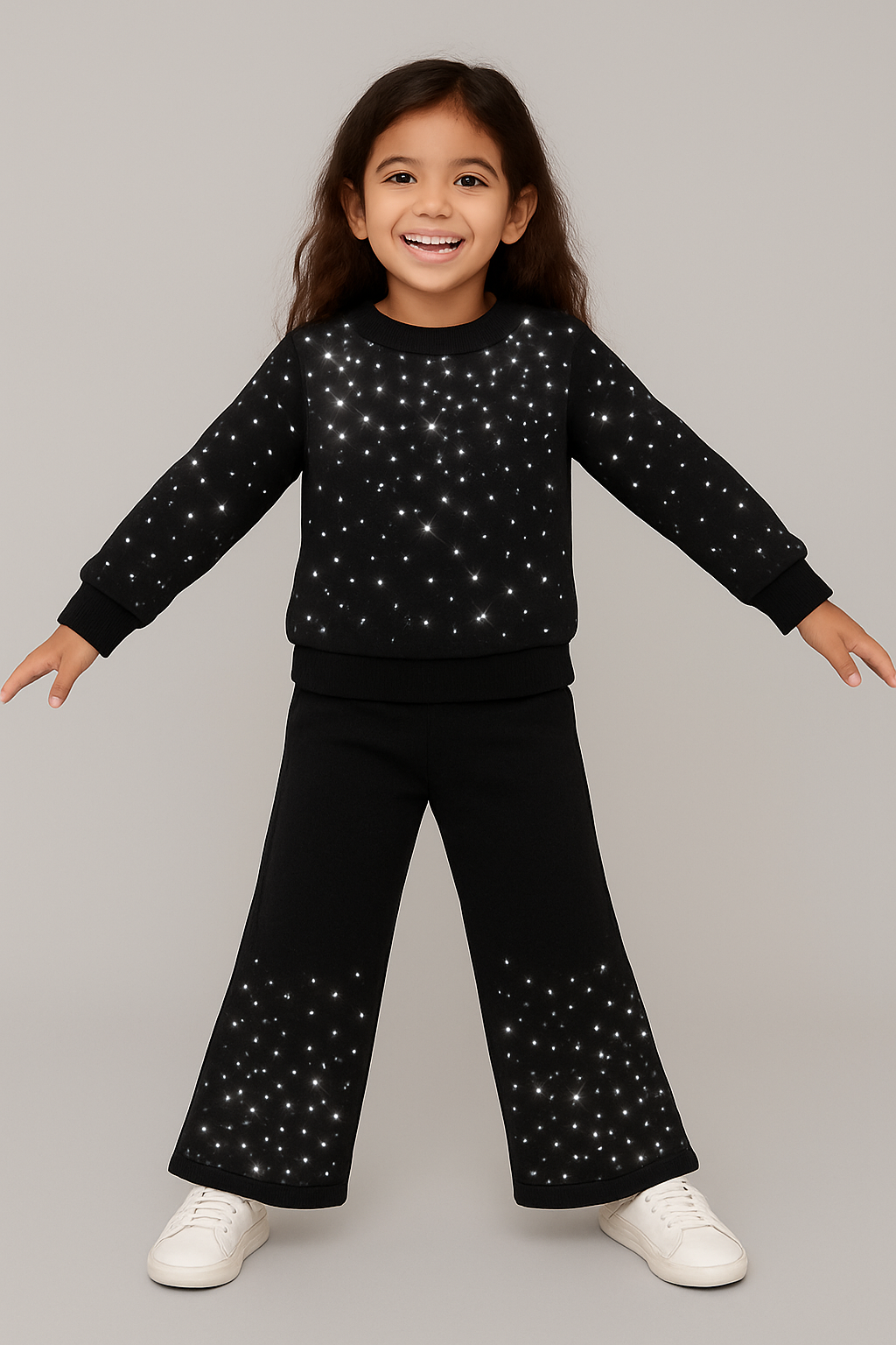 BLACK SWEATSHIRT WIDE LEG TROUSER FLEECE PAIR (RHINESTONE)