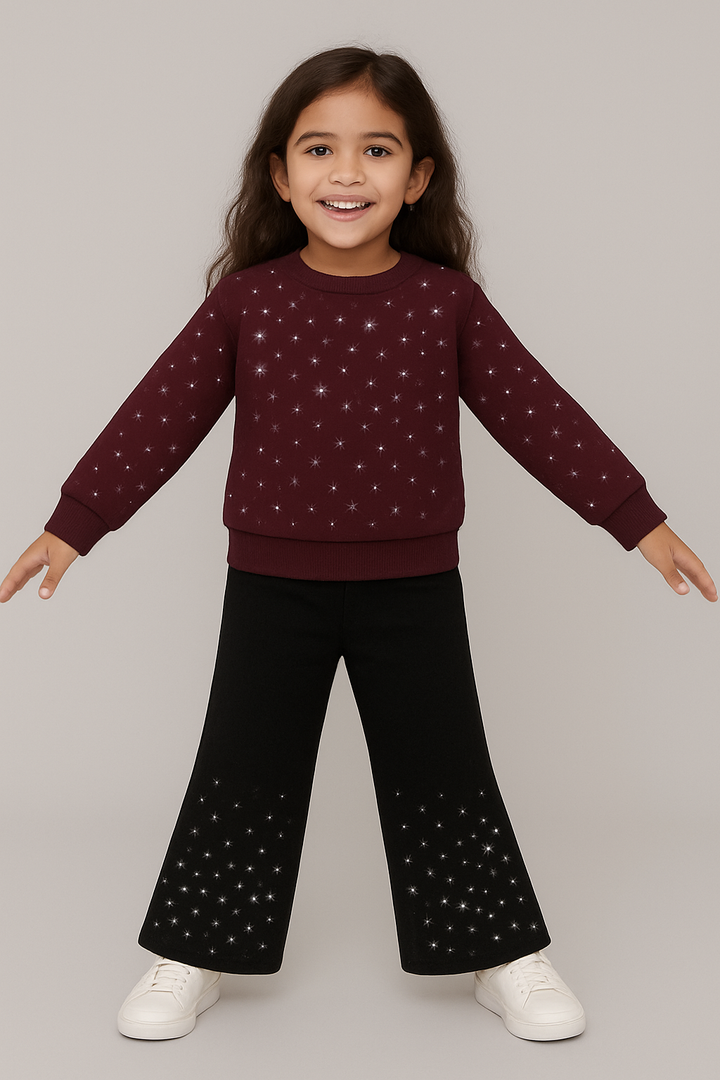 DARK MAROON SWEATSHIRT WIDE LEG TROUSER FLEECE PAIR (RHINESTONE)