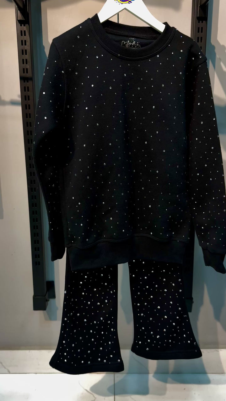 BLACK SWEATSHIRT WIDE LEG TROUSER FLEECE PAIR (RHINESTONE)