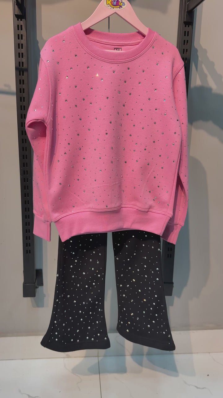 PINK SWEATSHIRT WIDE LEG TROUSER FLEECE PAIR (RHINESTONE)
