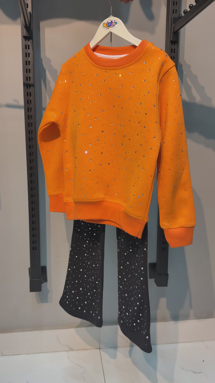 ORANGE SWEATSHIRT WIDE LEG TROUSER FLEECE PAIR (RHINESTONE)