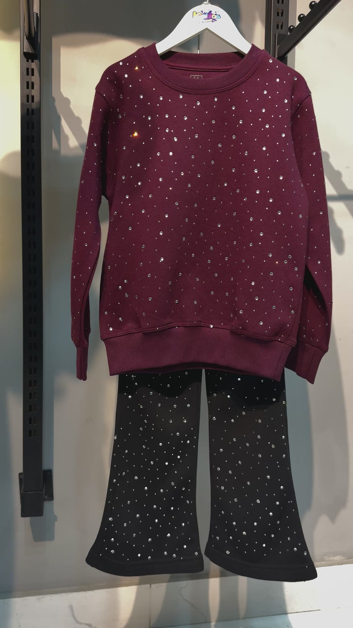DARK MAROON SWEATSHIRT WIDE LEG TROUSER FLEECE PAIR (RHINESTONE)